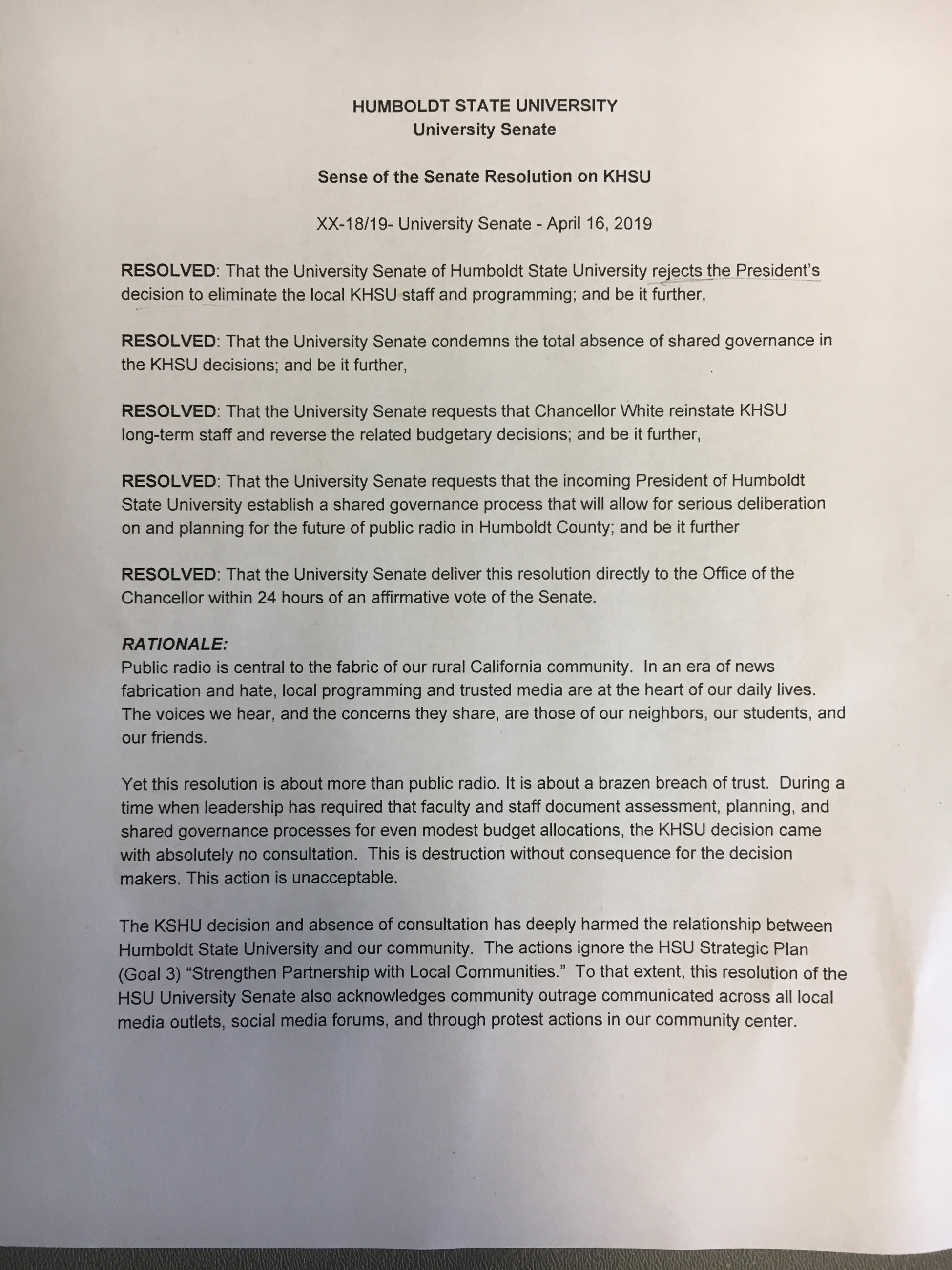 HSU Senate condemns gutting of KHSU