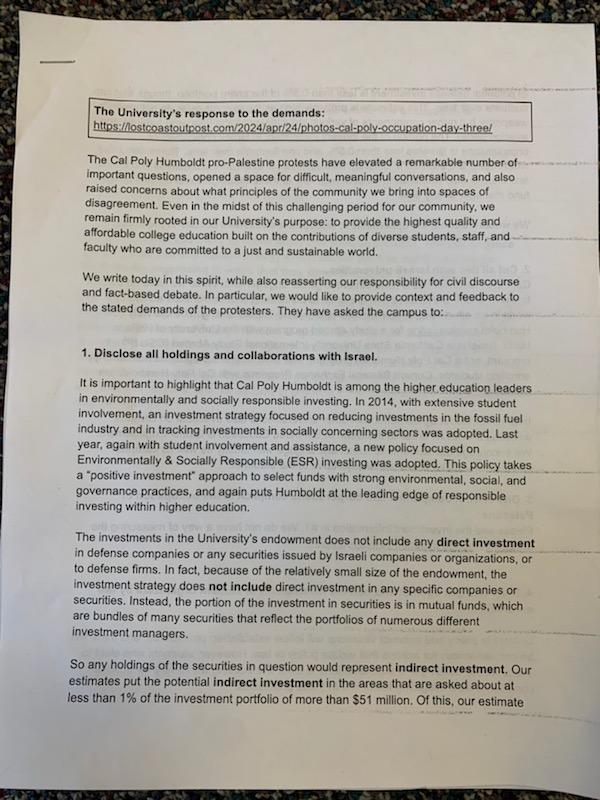 Cal Poly Humboldt releases response to Palestine protestor demands